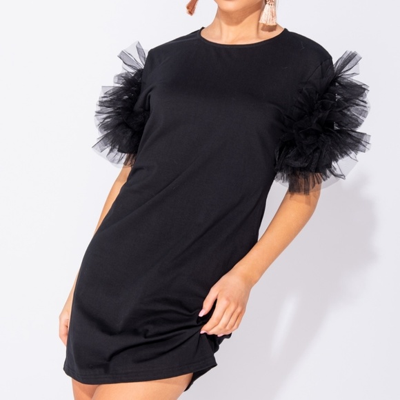 Black Short Ruffle Sleeve Loose Fit Oversize Mini Dress - Picture 2 of 7